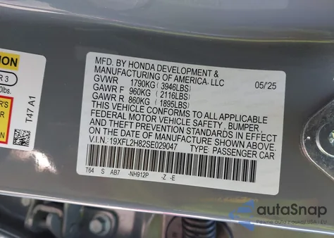 2025 Honda Civic Sport from USA, damaged, VIN 19XFL2H82SE029047